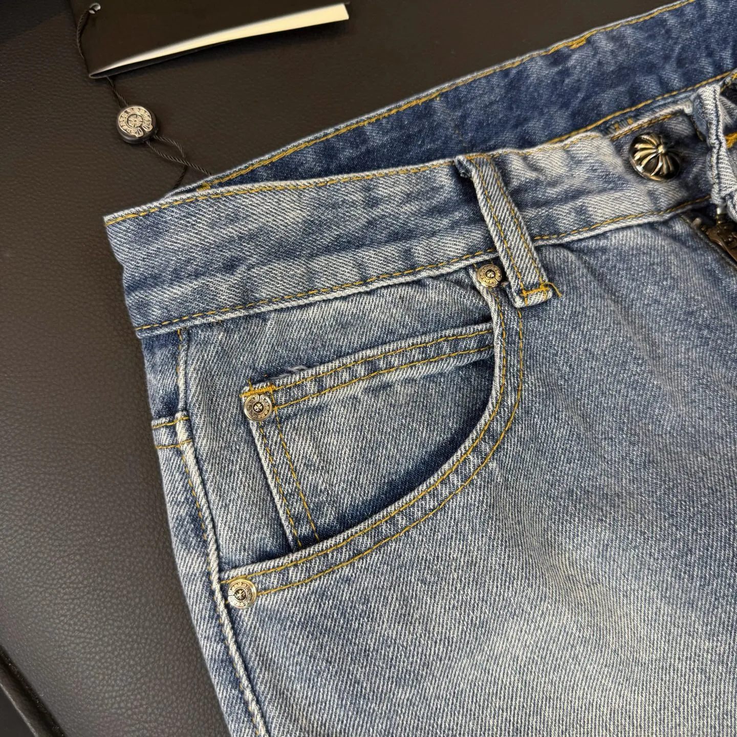 P280 Style number: D316 Chrome Hearts washed blue leather jeans Size# 28 30 32 34